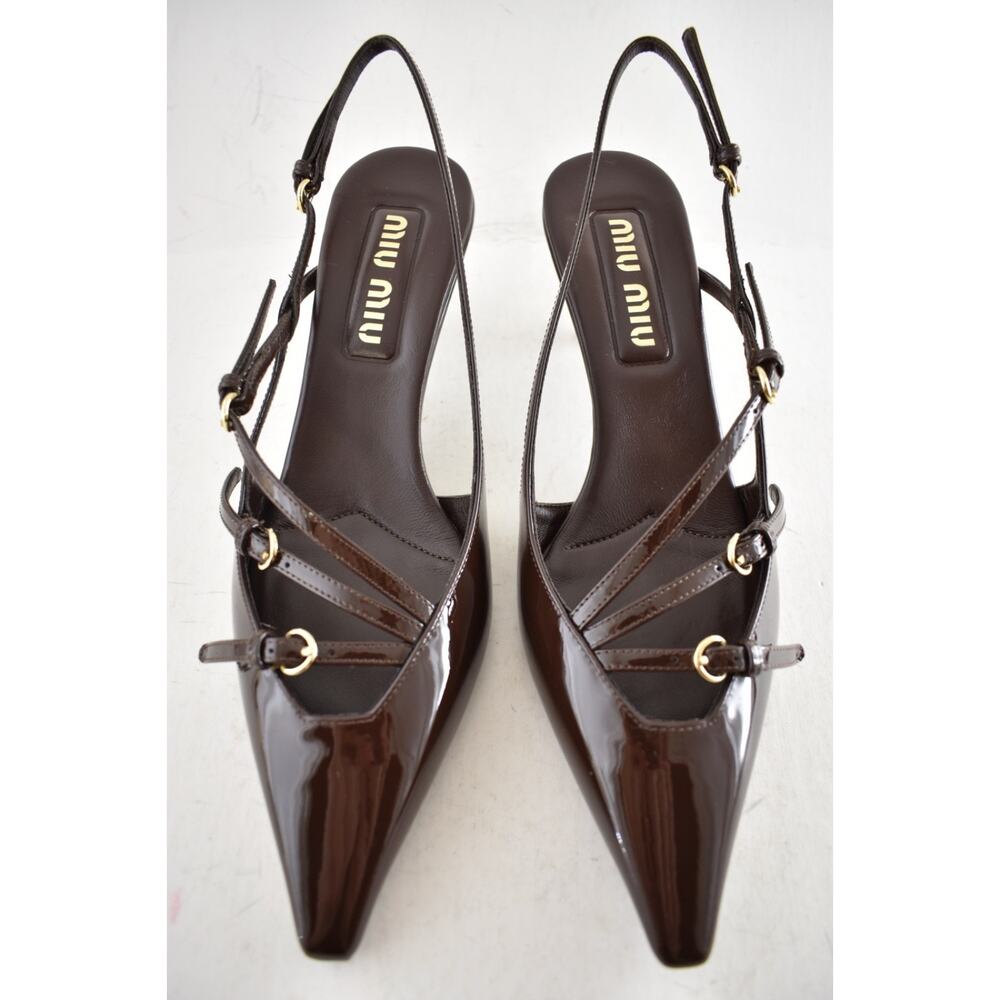 Miu Miu 55 Cacao Brown Patent Buckle Trio Pointed Slingback Kitten Heel Pump 38 - Picture 11 of 16